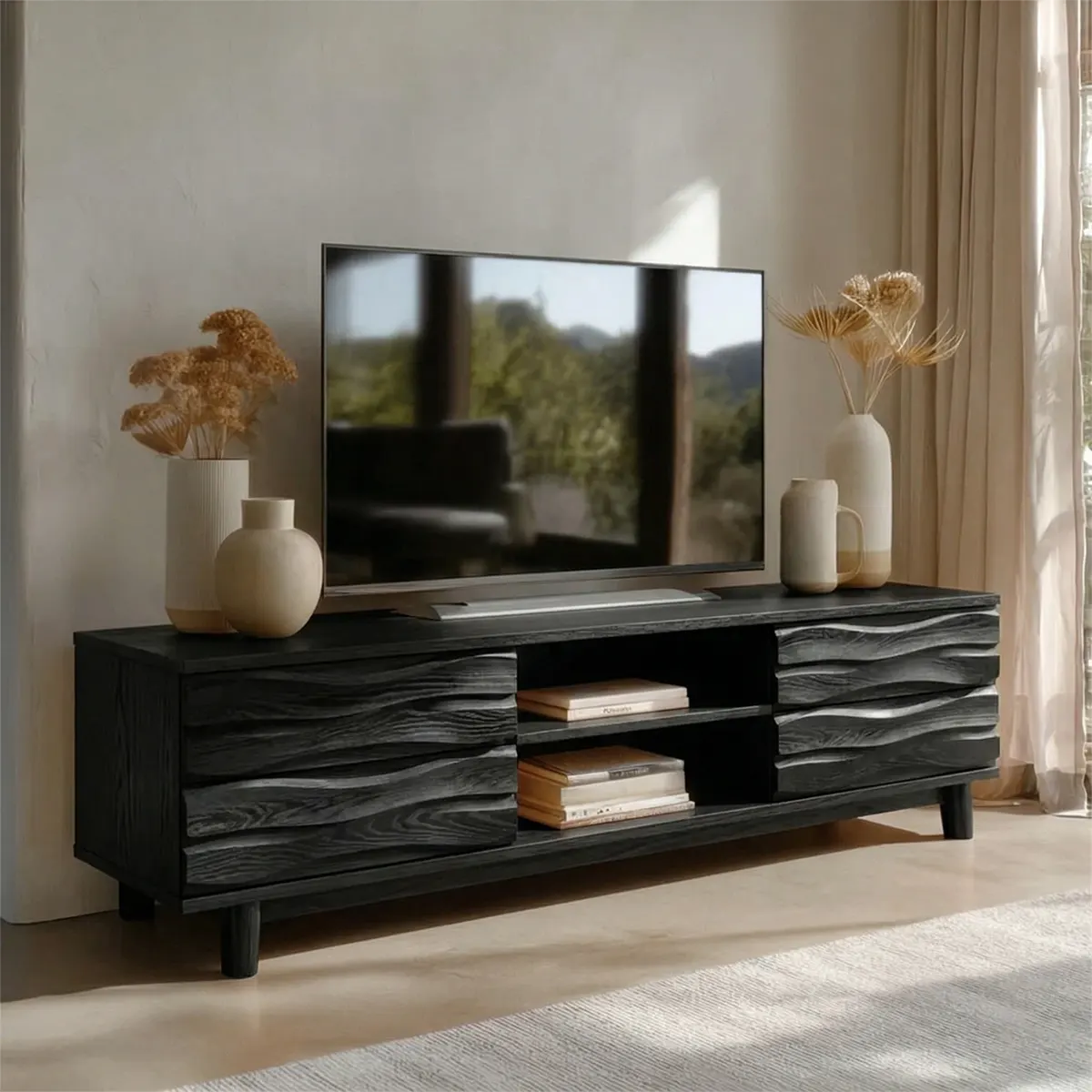 Handcrafted Solid Wood TV Stand with Sculpted Wave Drawers and Center Open Shelving - Rustiracraft 