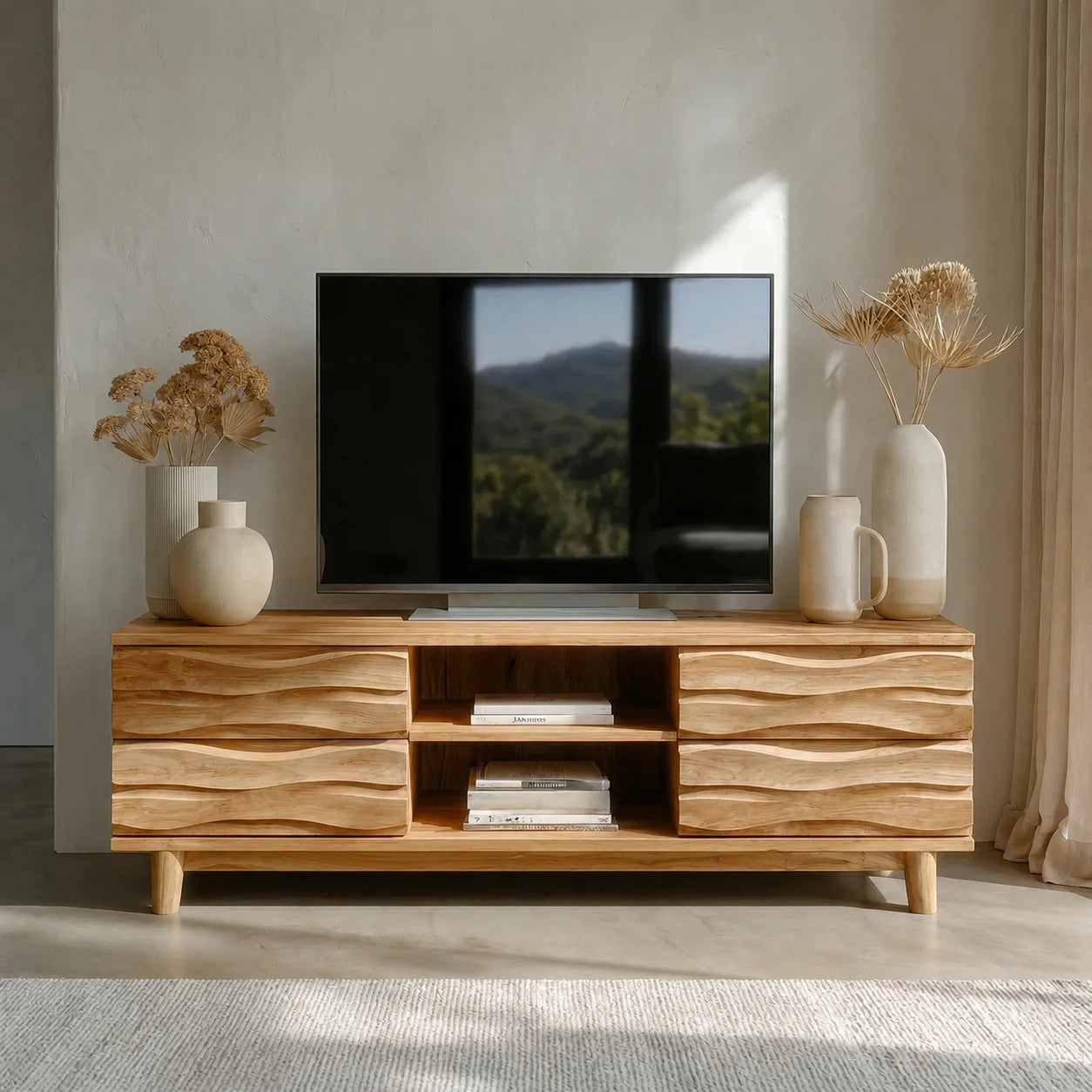 Handcrafted Solid Wood TV Stand with Sculpted Wave Drawers and Center Open Shelving - Rustiracraft