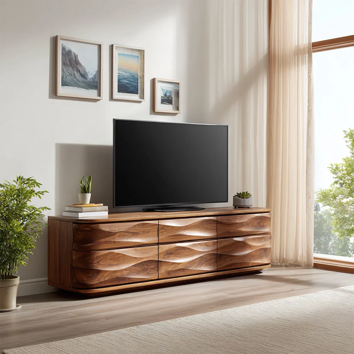 Handcrafted Solid Wood TV Stand with Sculpted Wave Drawers and Full Storage Cabinet - Rustiracraft 