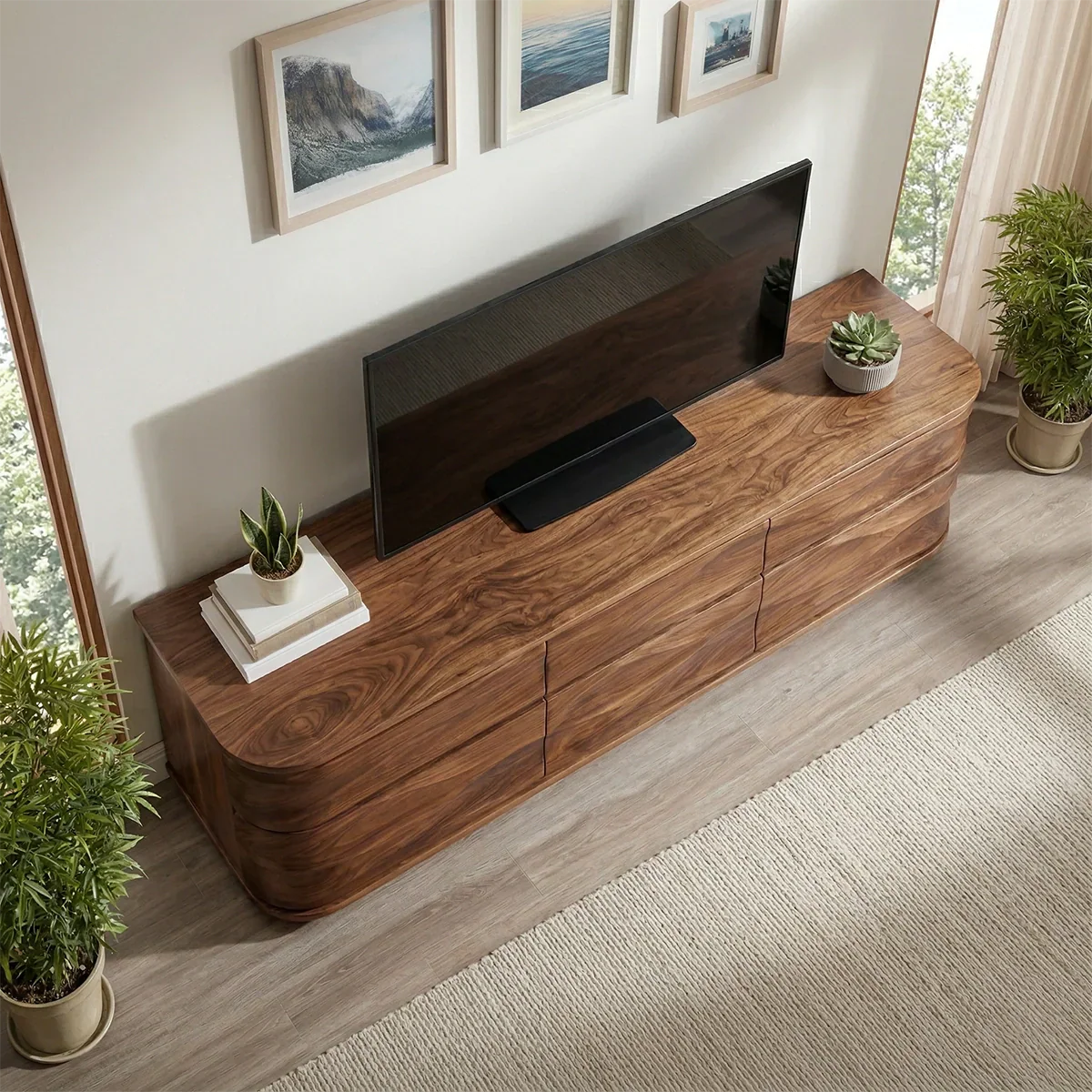 Handcrafted Solid Wood TV Stand with Sculpted Wave Drawers and Full Storage Cabinet - Rustiracraft 