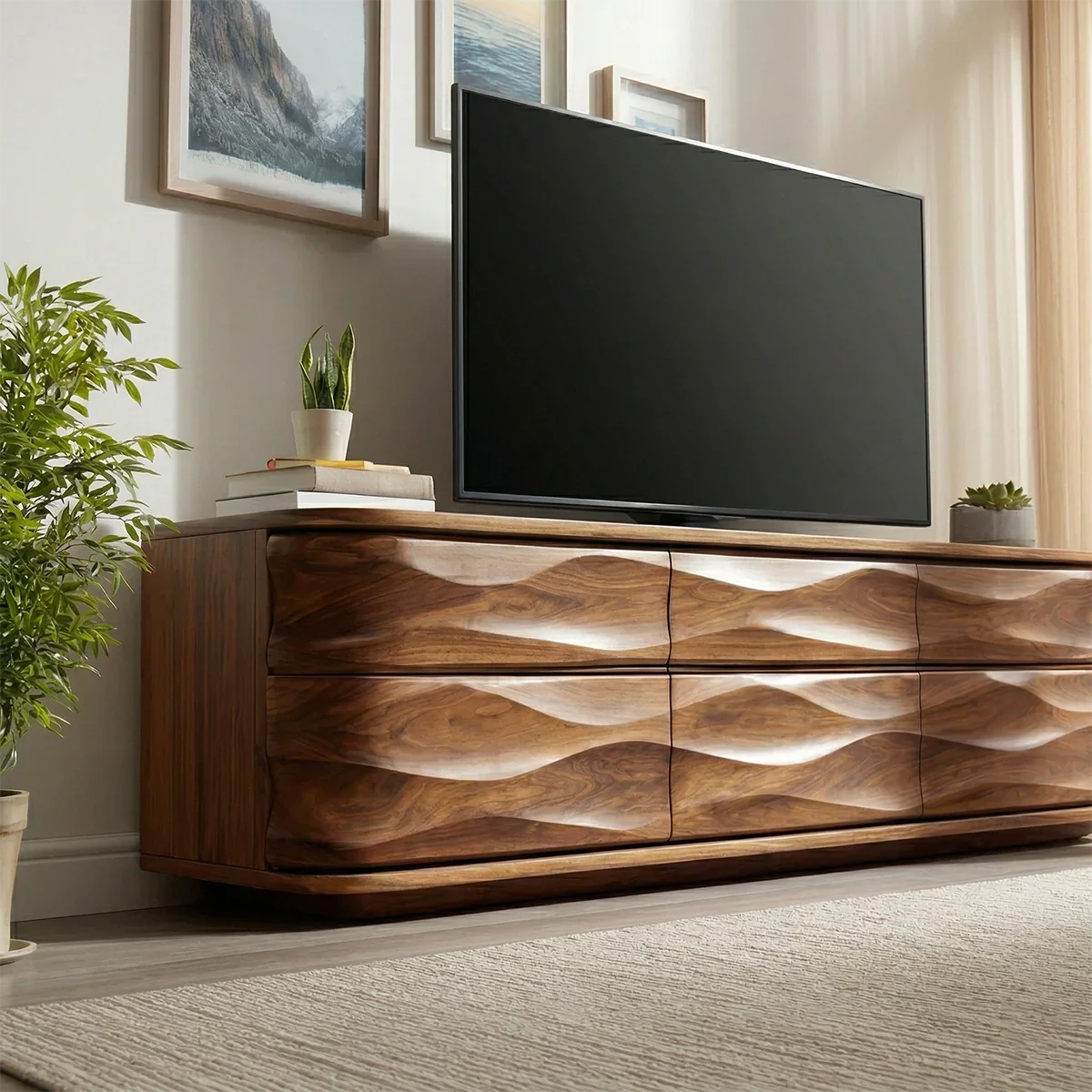 Handcrafted Solid Wood TV Stand with Sculpted Wave Drawers and Full Storage Cabinet - Rustiracraft 