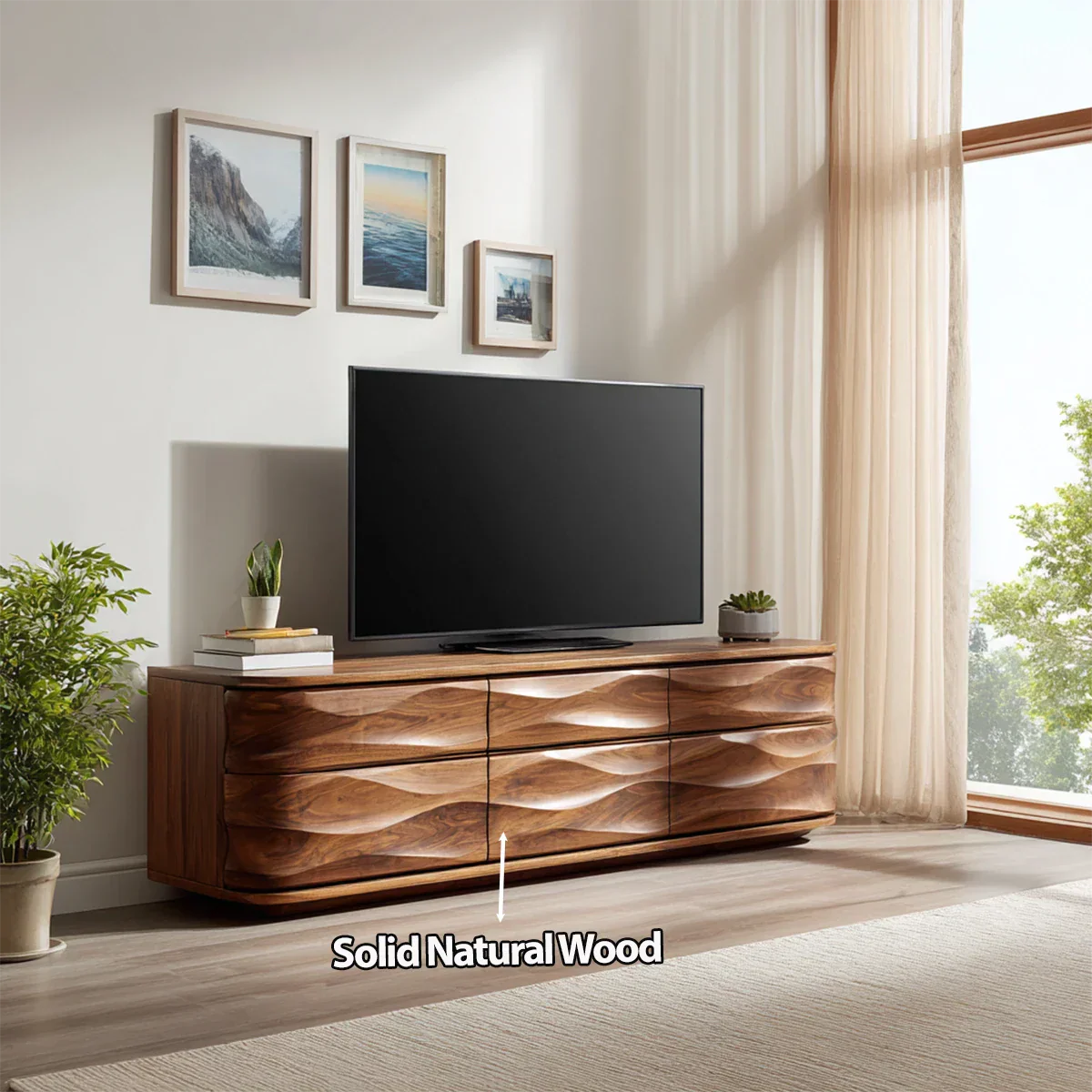 Handcrafted Solid Wood TV Stand with Sculpted Wave Drawers and Full Storage Cabinet - Rustiracraft 