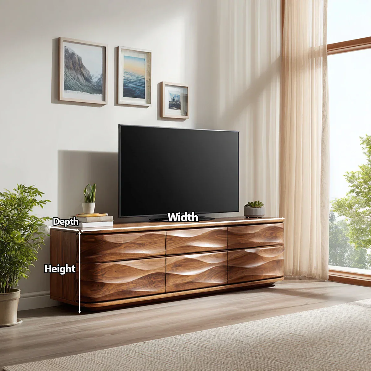 Handcrafted Solid Wood TV Stand with Sculpted Wave Drawers and Full Storage Cabinet - Rustiracraft 