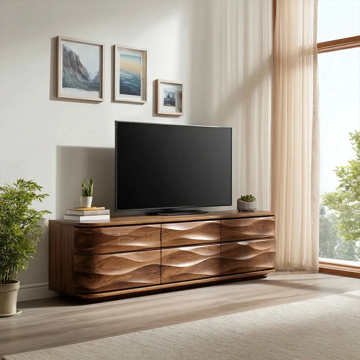 Handcrafted Solid Wood TV Stand with Sculpted Wave Drawers and Full Storage Cabinet - Rustiracraft 