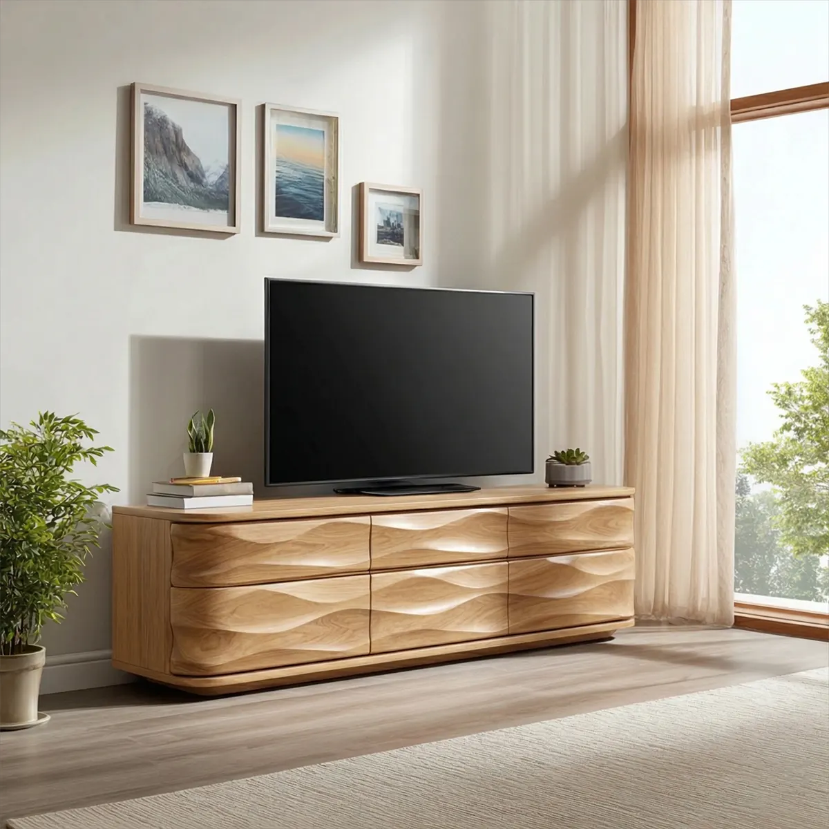 Handcrafted Solid Wood TV Stand with Sculpted Wave Drawers and Full Storage Cabinet - Rustiracraft 