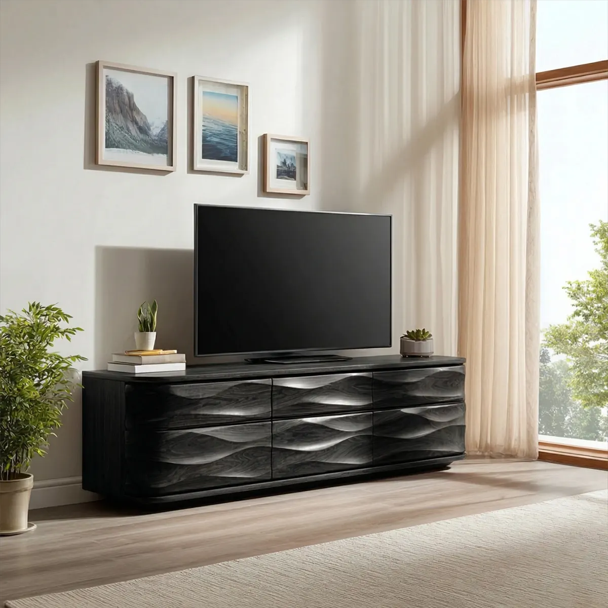 Handcrafted Solid Wood TV Stand with Sculpted Wave Drawers and Full Storage Cabinet - Rustiracraft 