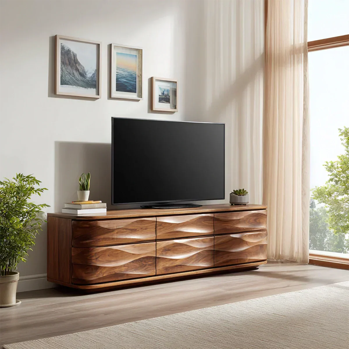 Handcrafted Solid Wood TV Stand with Sculpted Wave Drawers and Full Storage Cabinet - Rustiracraft