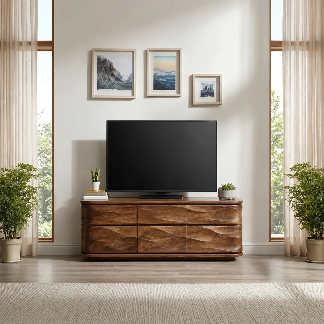 Handcrafted Solid Wood TV Stand with Sculpted Wave Drawers and Full Storage Cabinet - Rustiracraft