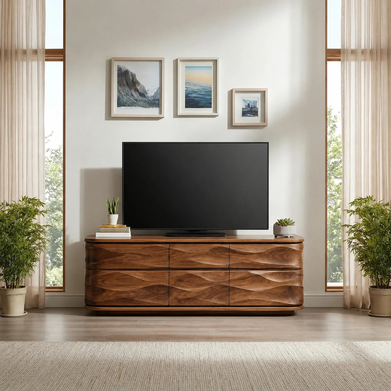 Handcrafted Solid Wood TV Stand with Sculpted Wave Drawers and Full Storage Cabinet - Rustiracraft