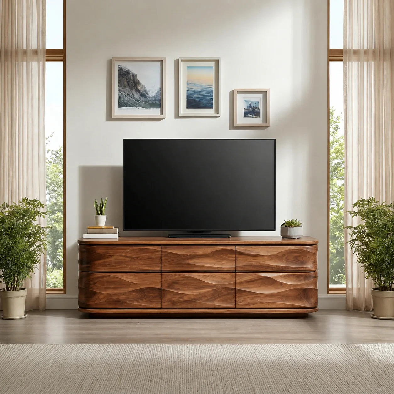 Handcrafted Solid Wood TV Stand with Sculpted Wave Drawers and Full Storage Cabinet - Rustiracraft