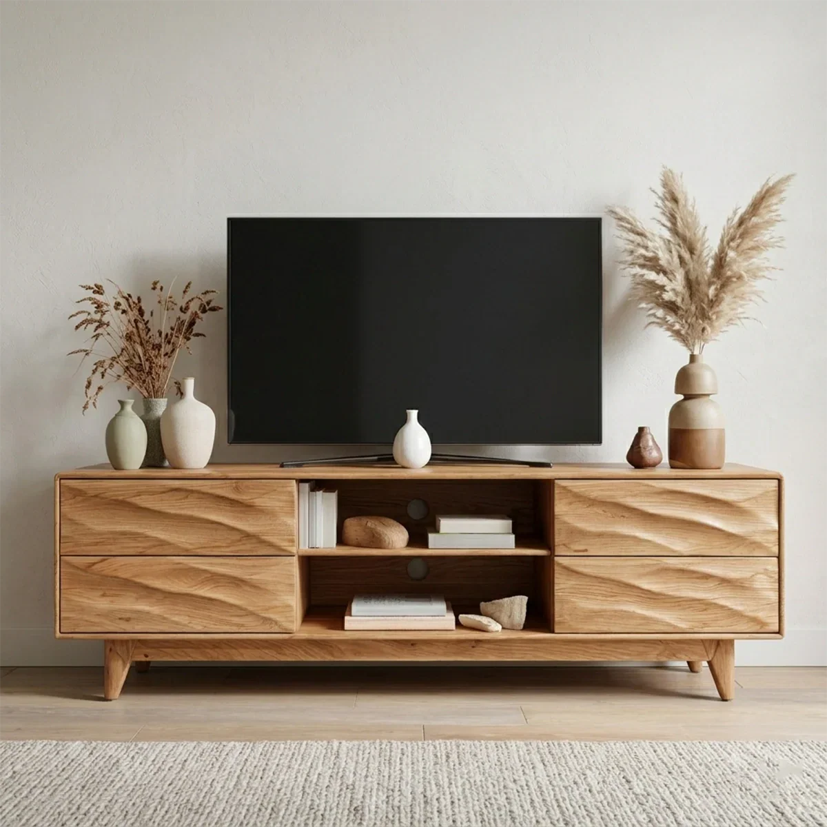 Handcrafted Solid Wood TV Stand with Sculpted Wave Drawers and Mid Century Frame - Rustiracraft 