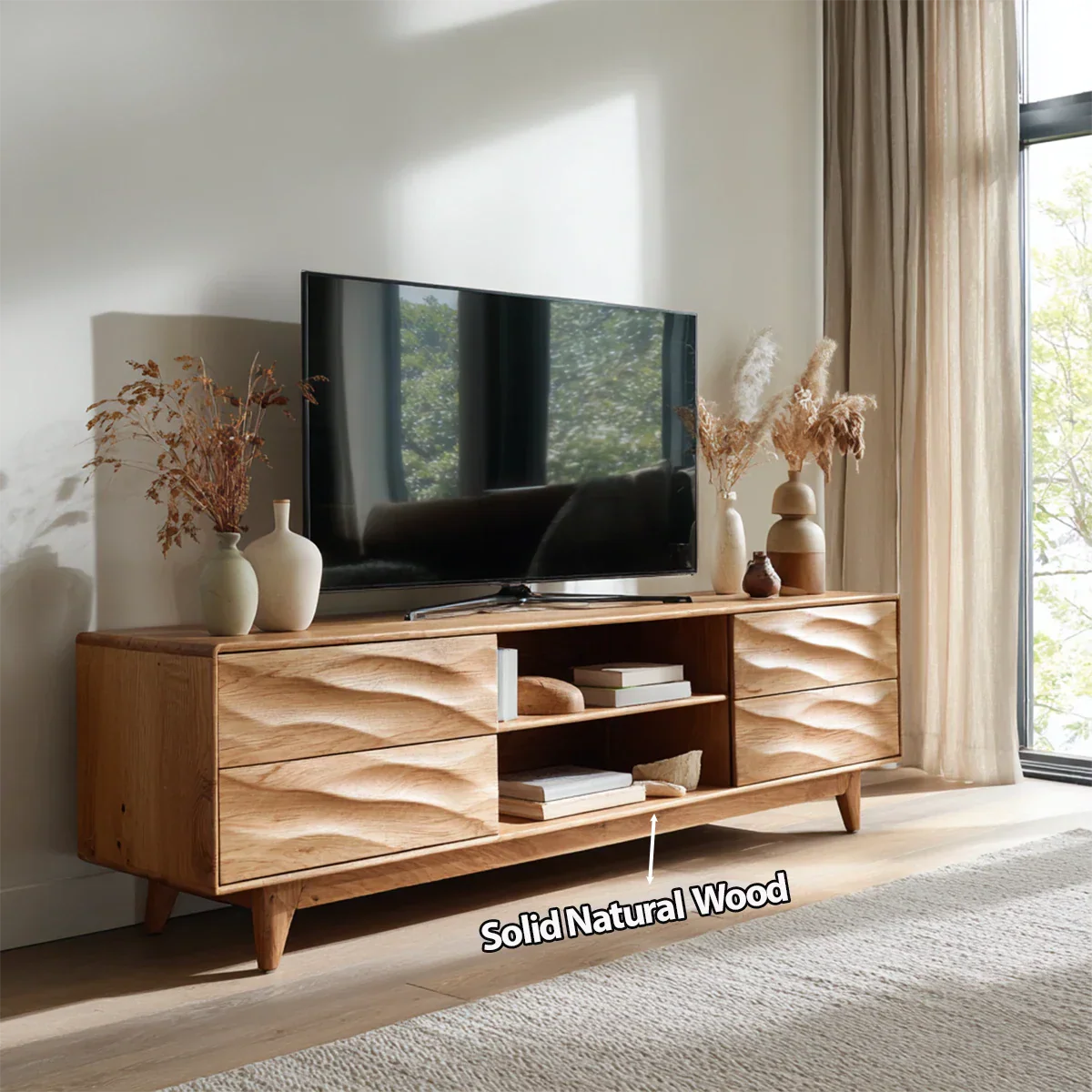 Handcrafted Solid Wood TV Stand with Sculpted Wave Drawers and Mid Century Frame - Rustiracraft 