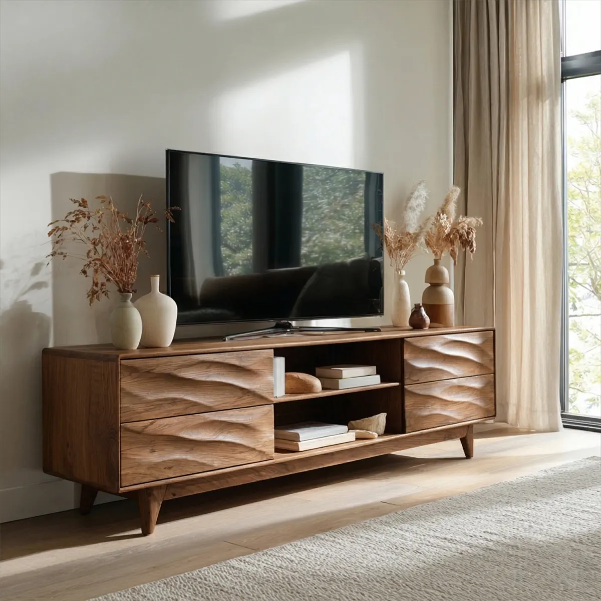 Handcrafted Solid Wood TV Stand with Sculpted Wave Drawers and Mid Century Frame - Rustiracraft 