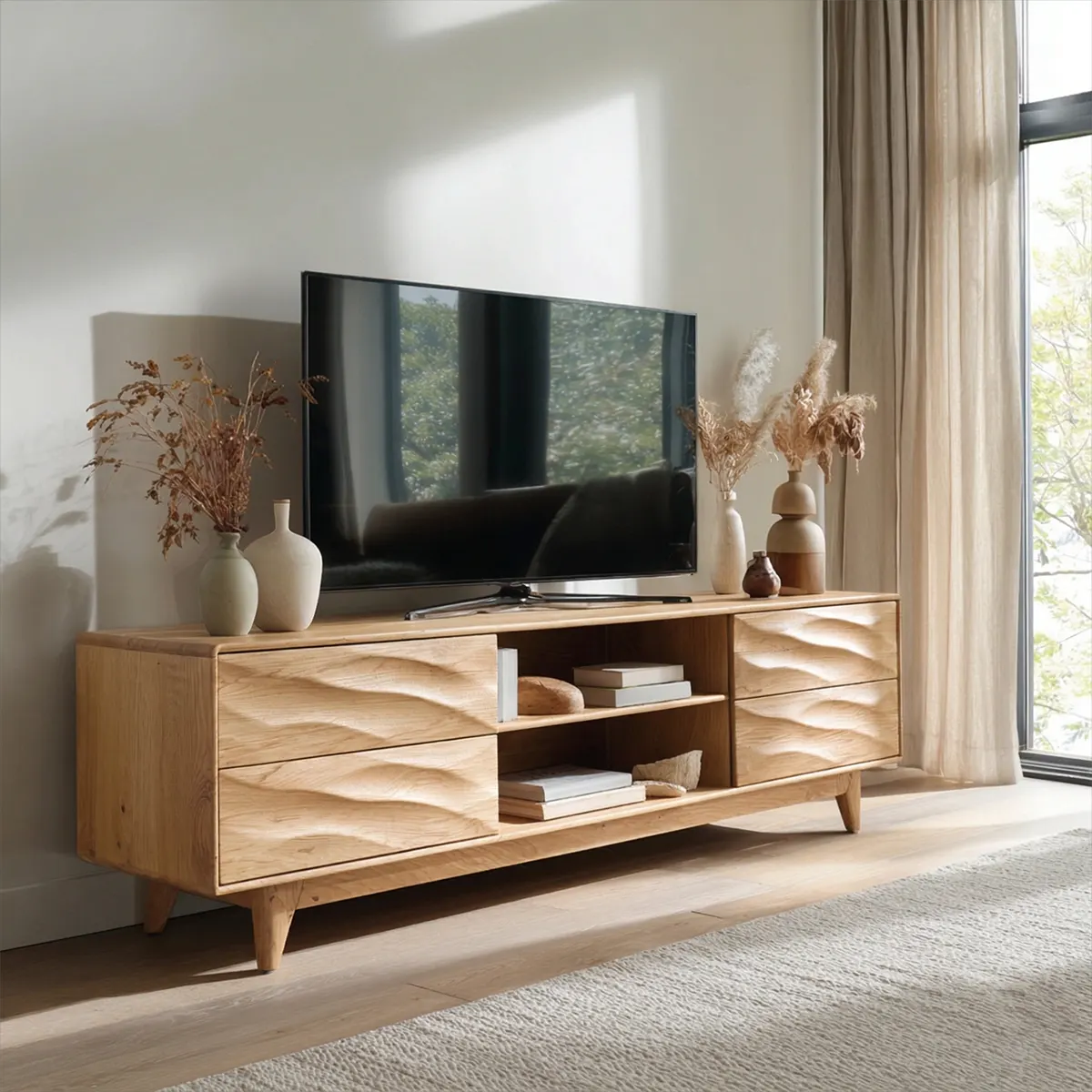 Handcrafted Solid Wood TV Stand with Sculpted Wave Drawers and Mid Century Frame - Rustiracraft 