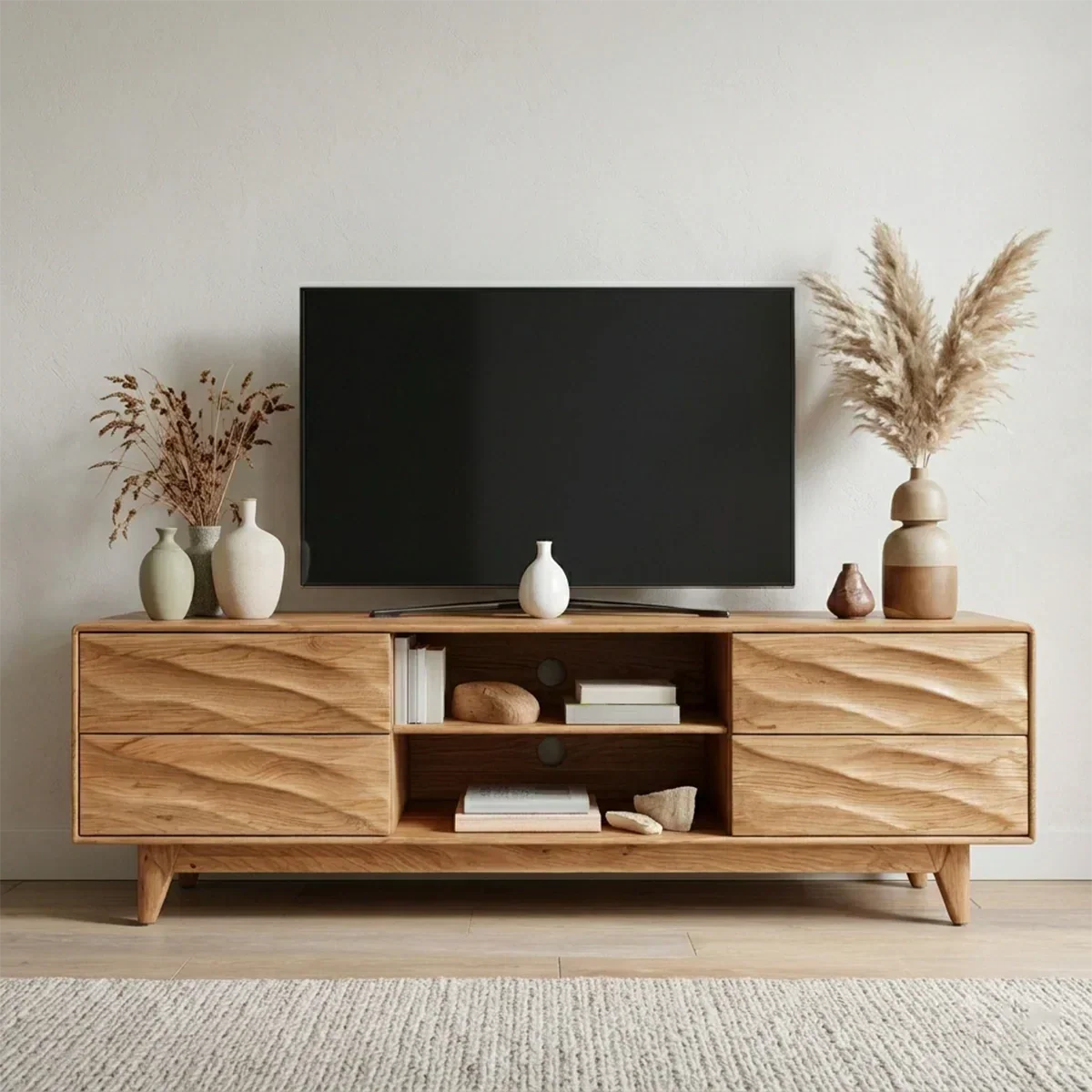 Handcrafted Solid Wood TV Stand with Sculpted Wave Drawers and Mid Century Frame - Rustiracraft