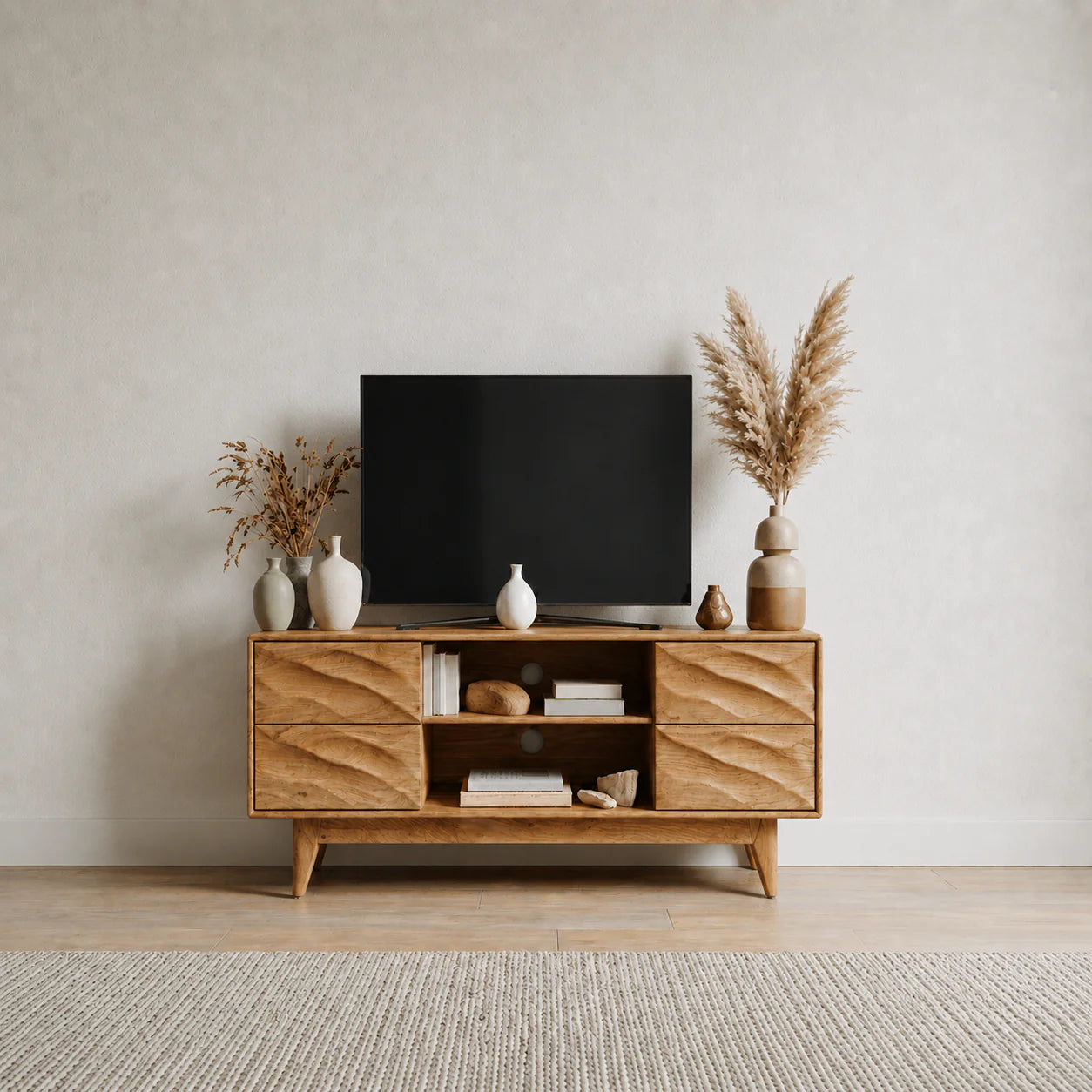 Handcrafted Solid Wood TV Stand with Sculpted Wave Drawers and Mid Century Frame - Rustiracraft