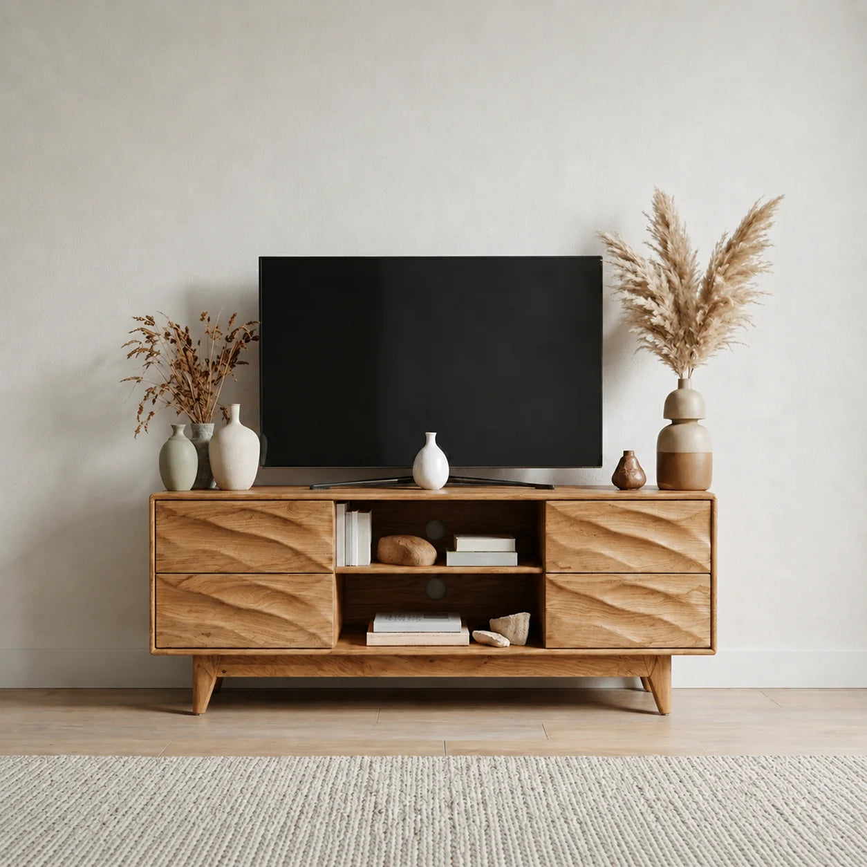 Handcrafted Solid Wood TV Stand with Sculpted Wave Drawers and Mid Century Frame - Rustiracraft