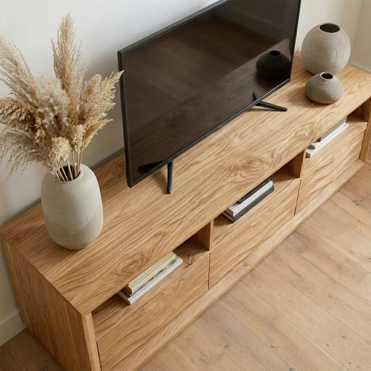 Handcrafted Solid Wood TV Stand with Sculpted Wave Drawers and Multi Open Media Compartments - Rustiracraft 