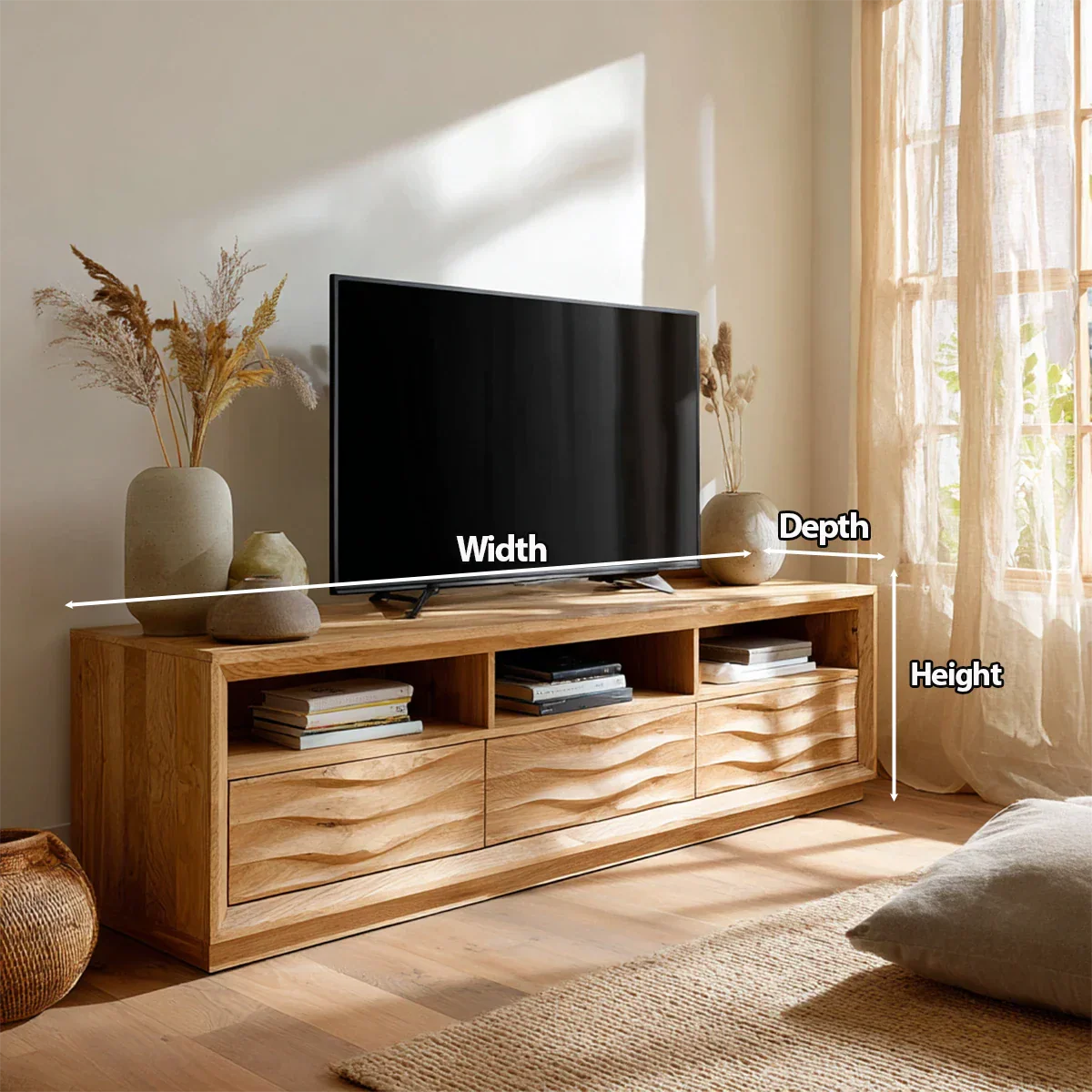 Handcrafted Solid Wood TV Stand with Sculpted Wave Drawers and Multi Open Media Compartments - Rustiracraft 