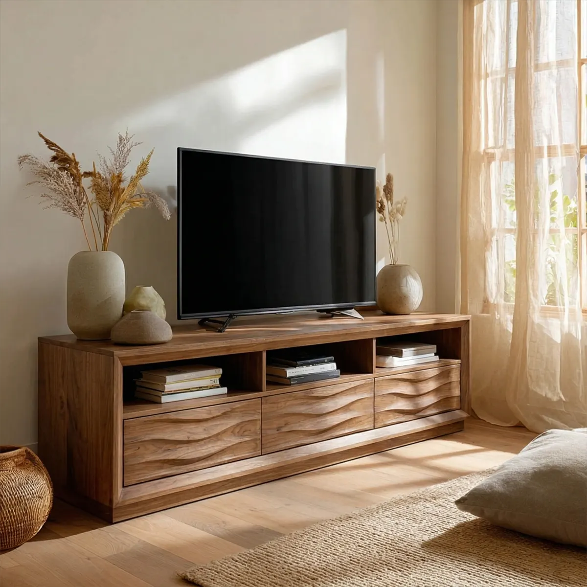 Handcrafted Solid Wood TV Stand with Sculpted Wave Drawers and Multi Open Media Compartments - Rustiracraft 