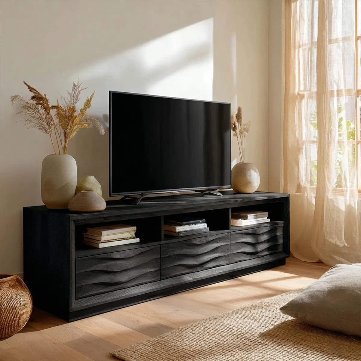 Handcrafted Solid Wood TV Stand with Sculpted Wave Drawers and Multi Open Media Compartments - Rustiracraft 