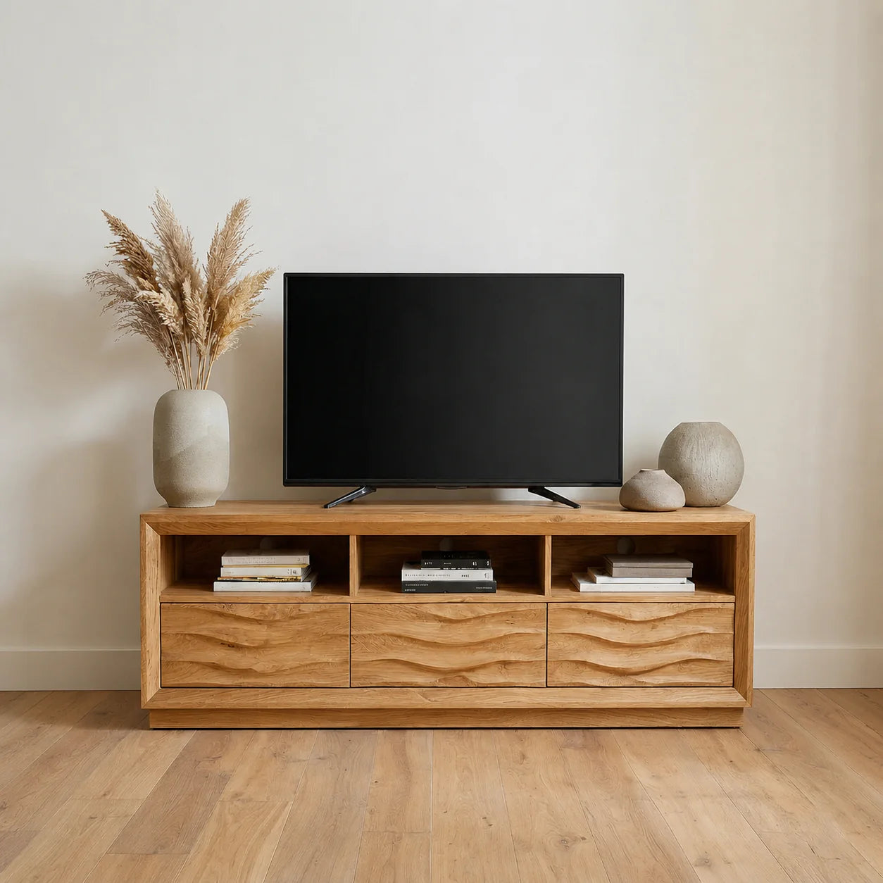 Handcrafted Solid Wood TV Stand with Sculpted Wave Drawers and Multi Open Media Compartments - Rustiracraft