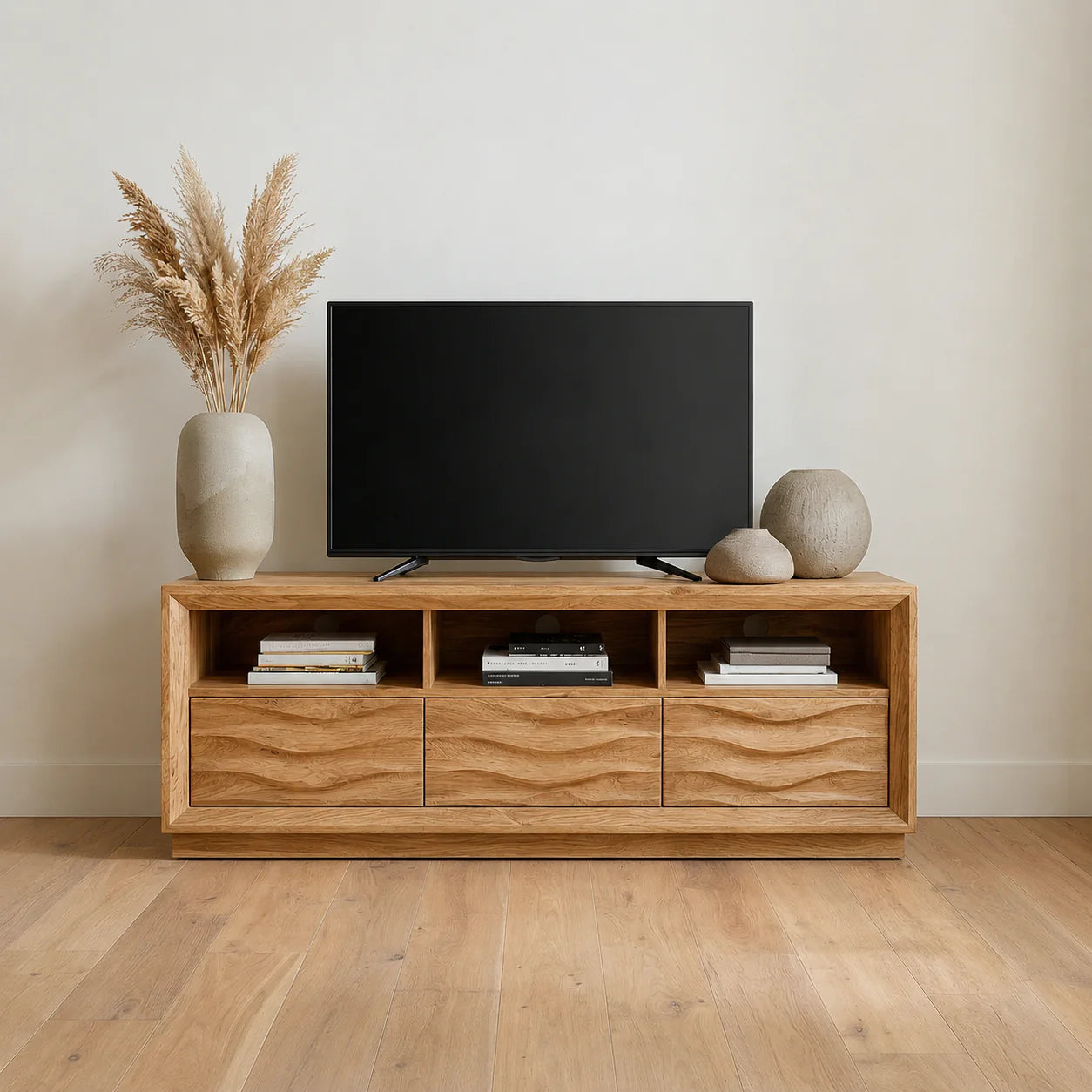 Handcrafted Solid Wood TV Stand with Sculpted Wave Drawers and Multi Open Media Compartments - Rustiracraft