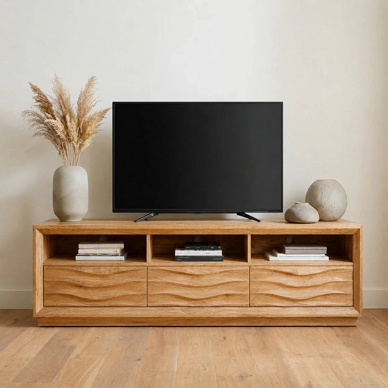 Handcrafted Solid Wood TV Stand with Sculpted Wave Drawers and Multi Open Media Compartments - Rustiracraft