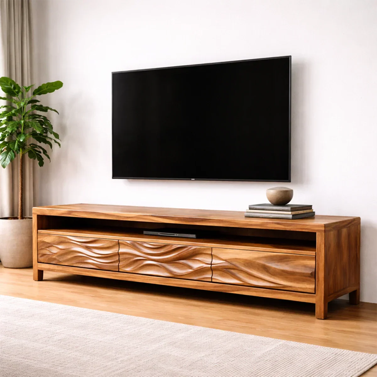 Handcrafted Solid Wood TV Stand with Sculpted Wave Drawers and Open Media Shelf - Rustiracraft 