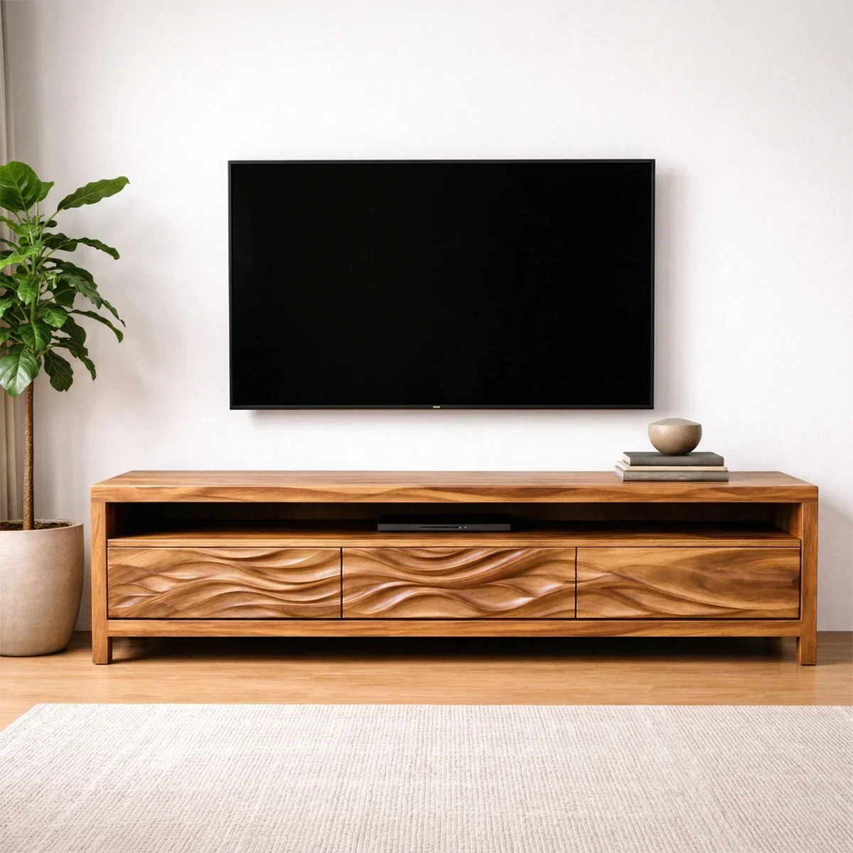 Handcrafted Solid Wood TV Stand with Sculpted Wave Drawers and Open Media Shelf - Rustiracraft 
