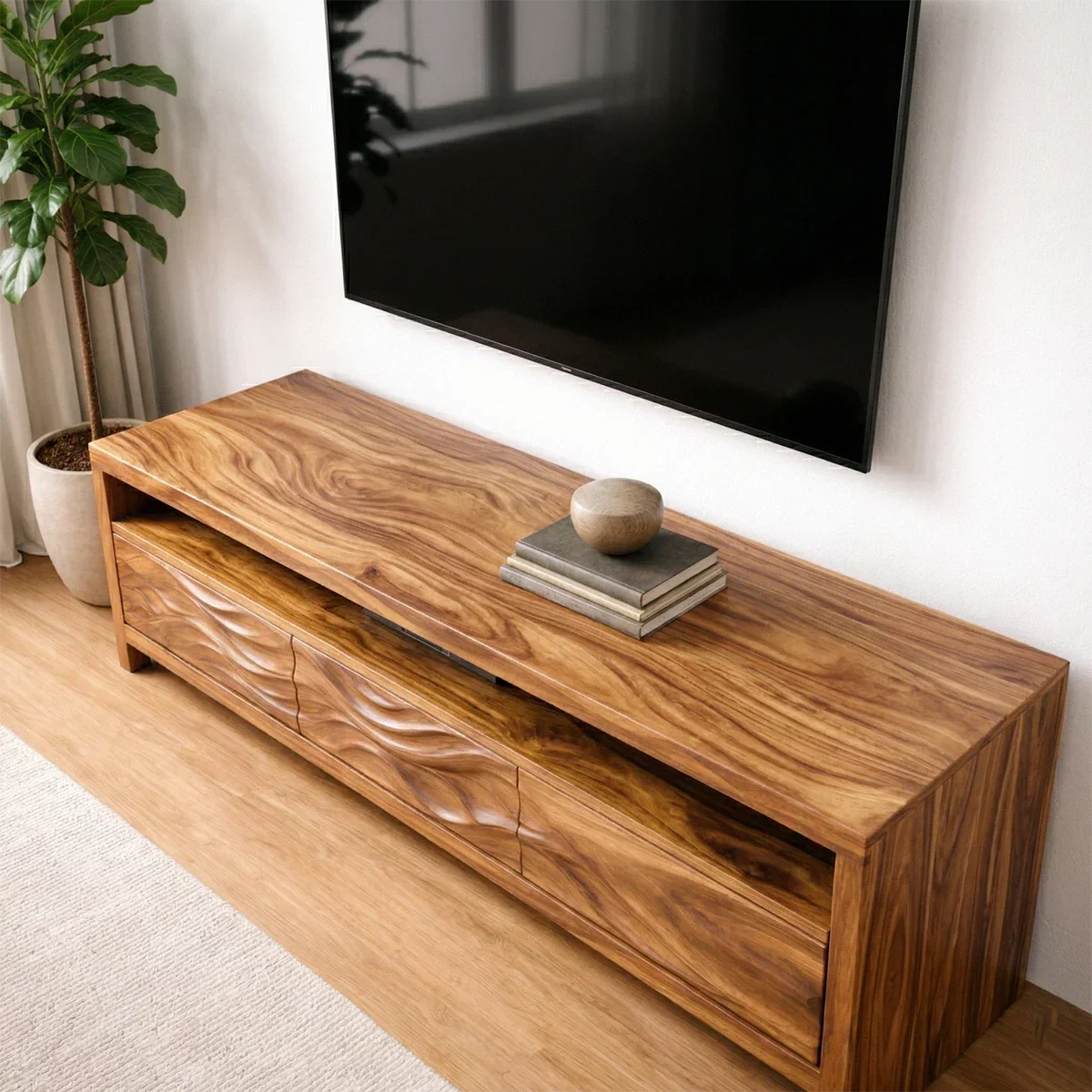 Handcrafted Solid Wood TV Stand with Sculpted Wave Drawers and Open Media Shelf - Rustiracraft 