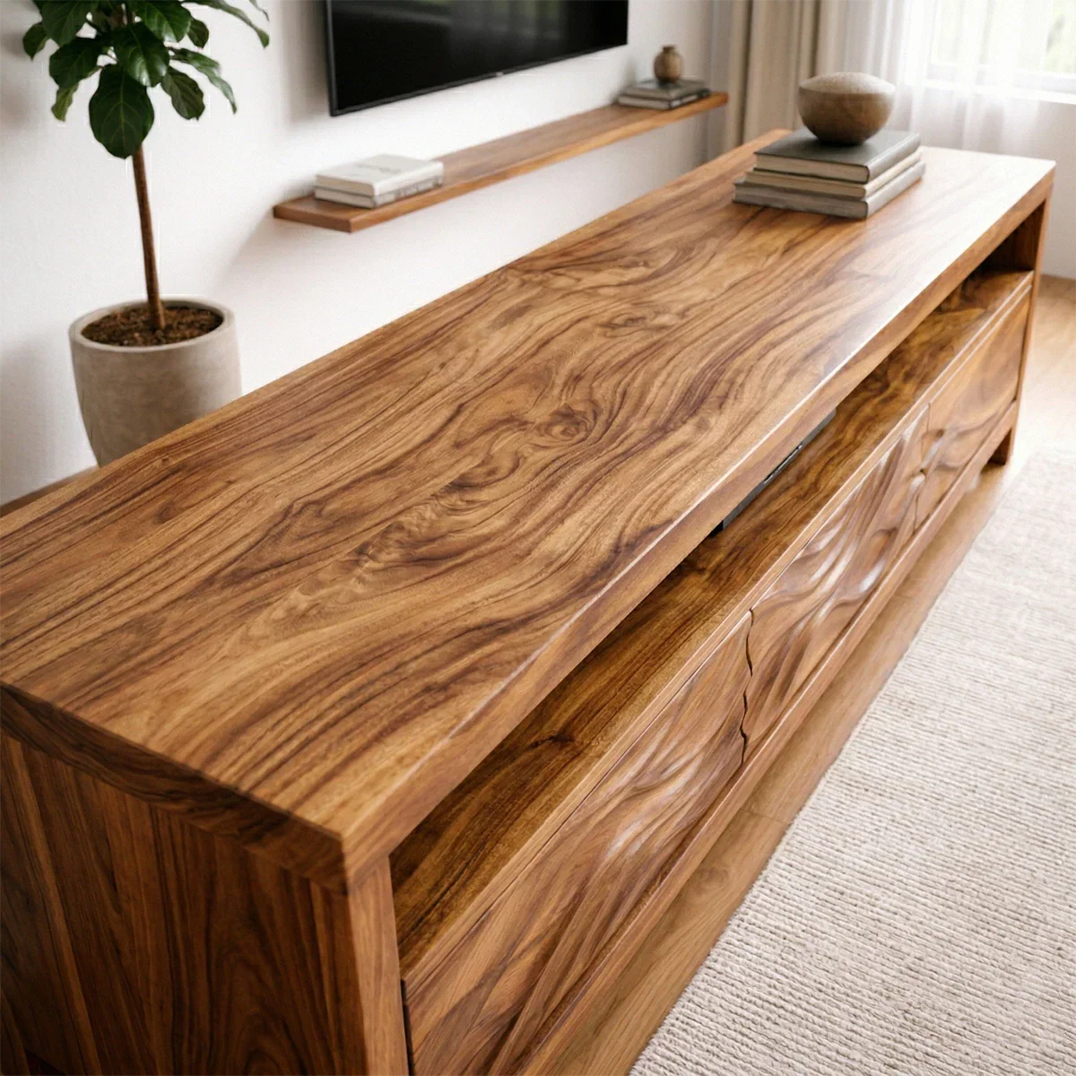 Handcrafted Solid Wood TV Stand with Sculpted Wave Drawers and Open Media Shelf - Rustiracraft 