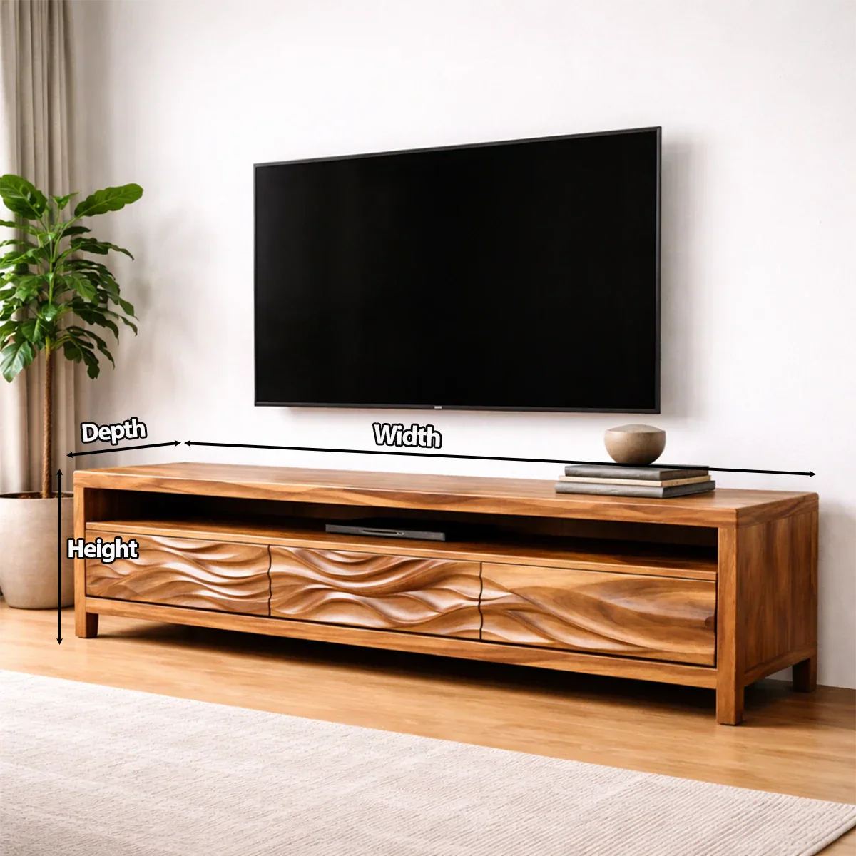 Handcrafted Solid Wood TV Stand with Sculpted Wave Drawers and Open Media Shelf - Rustiracraft 