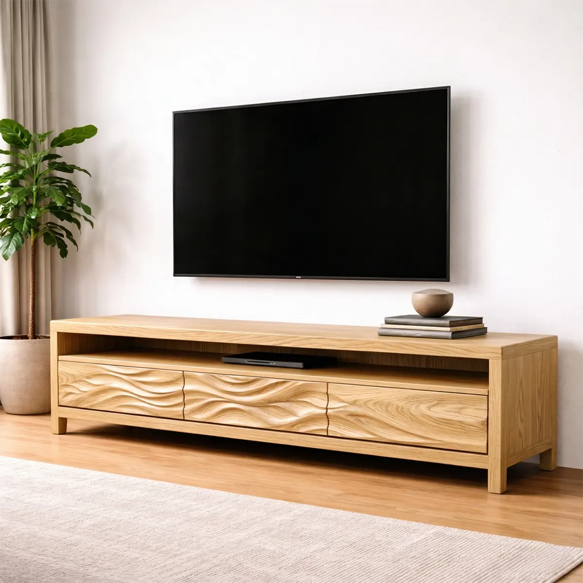 Handcrafted Solid Wood TV Stand with Sculpted Wave Drawers and Open Media Shelf - Rustiracraft 