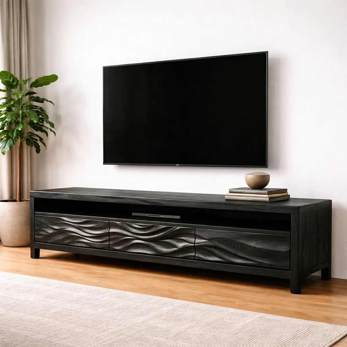 Handcrafted Solid Wood TV Stand with Sculpted Wave Drawers and Open Media Shelf - Rustiracraft 