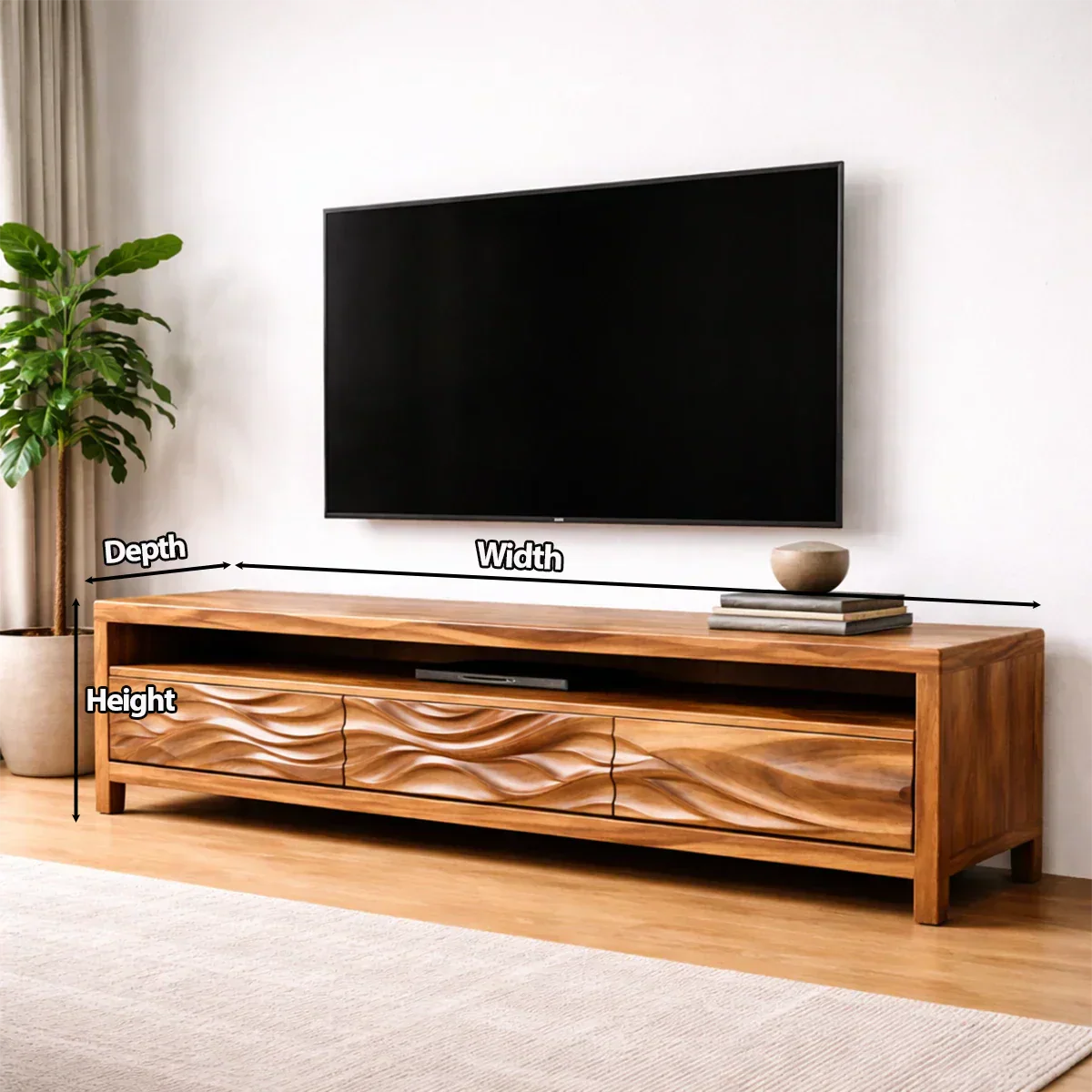Handcrafted Solid Wood TV Stand with Sculpted Wave Drawers and Open Media Shelf - Rustiracraft