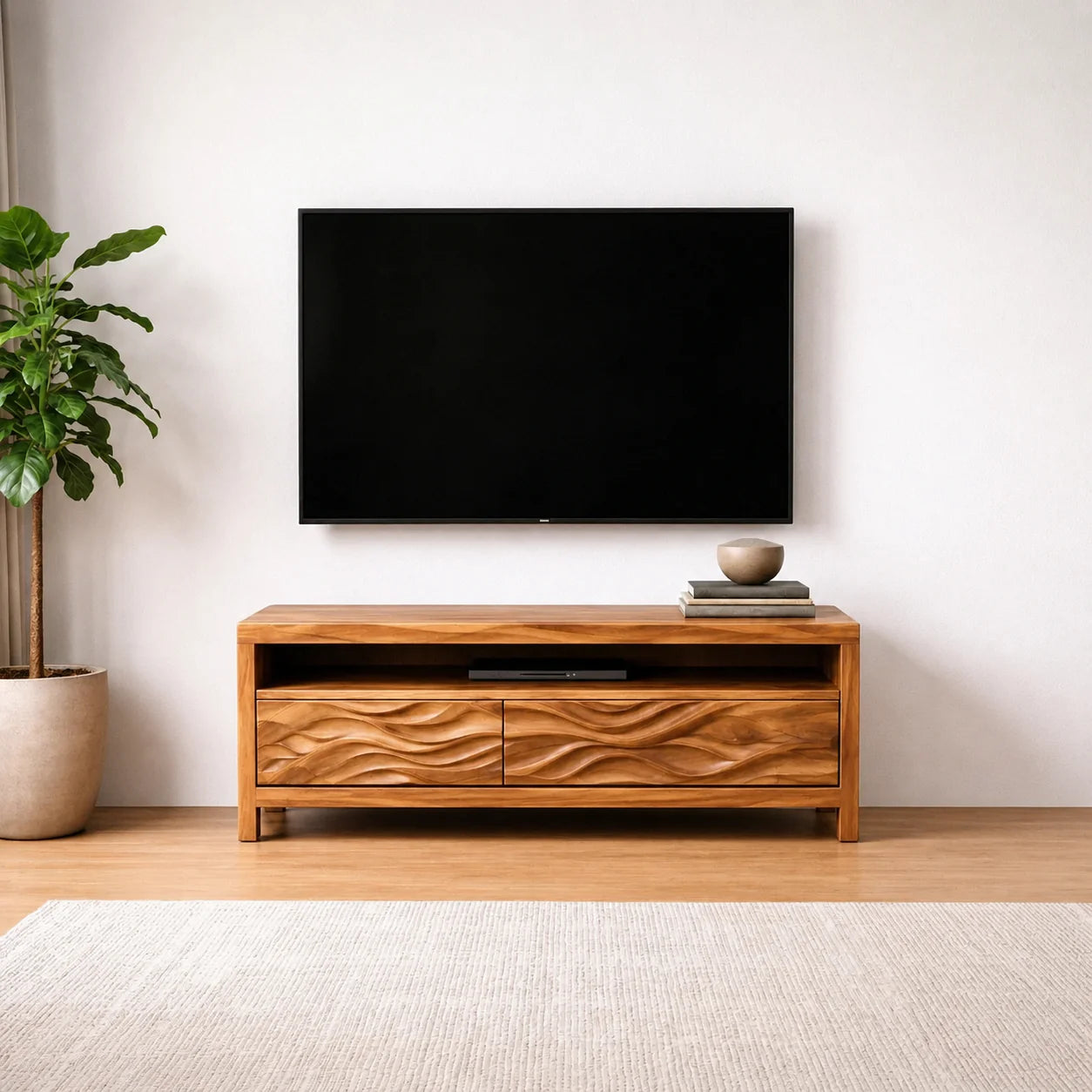 Handcrafted Solid Wood TV Stand with Sculpted Wave Drawers and Open Media Shelf - Rustiracraft