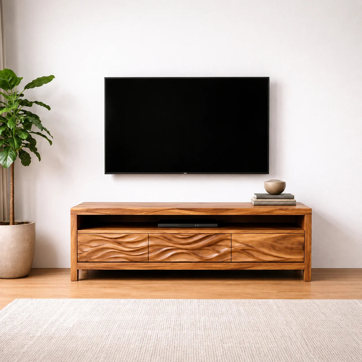 Handcrafted Solid Wood TV Stand with Sculpted Wave Drawers and Open Media Shelf - Rustiracraft