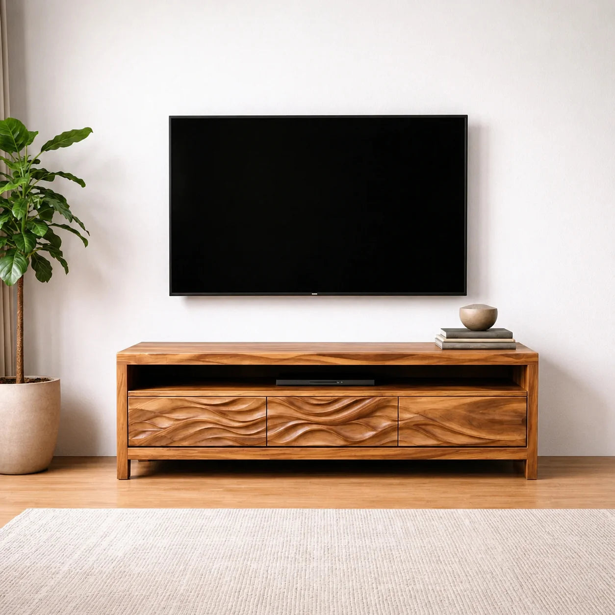 Handcrafted Solid Wood TV Stand with Sculpted Wave Drawers and Open Media Shelf - Rustiracraft