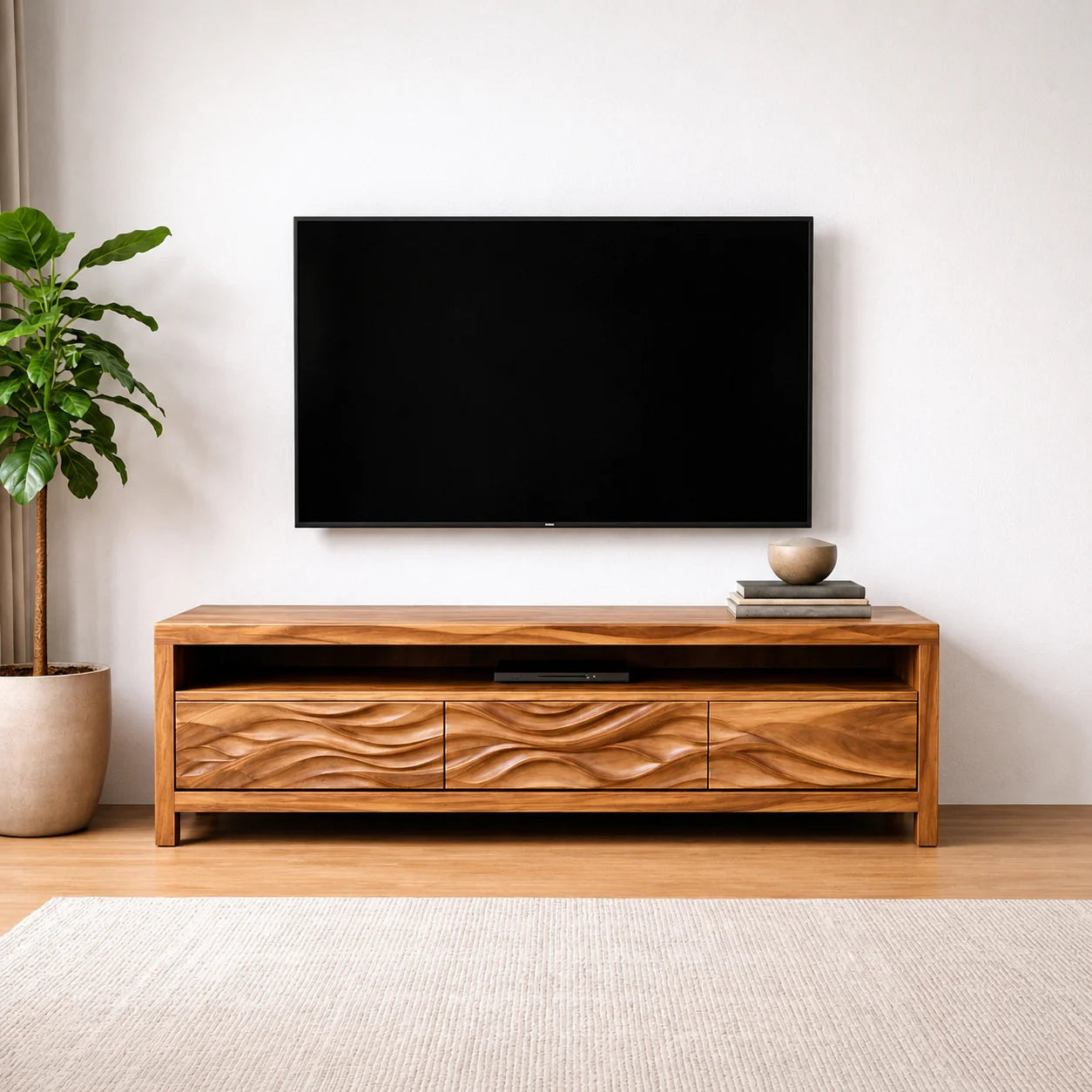 Handcrafted Solid Wood TV Stand with Sculpted Wave Drawers and Open Media Shelf - Rustiracraft