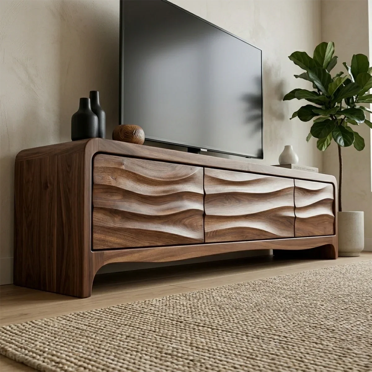 Handcrafted Solid Wood TV Stand with Sculpted Wave Panels and Rounded Frame Design - Rustiracraft 