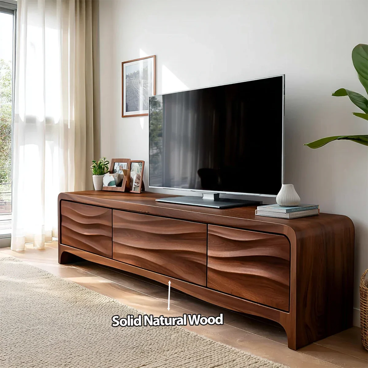 Handcrafted Solid Wood TV Stand with Sculpted Wave Panels and Rounded Frame Design - Rustiracraft 