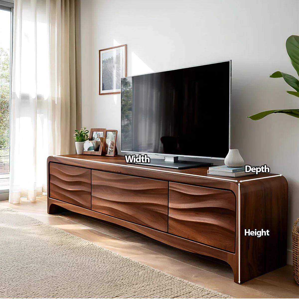 Handcrafted Solid Wood TV Stand with Sculpted Wave Panels and Rounded Frame Design - Rustiracraft 