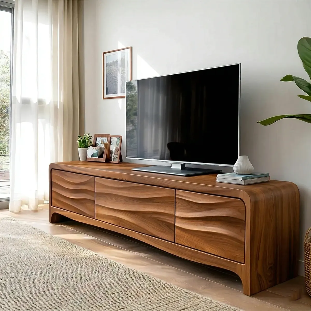 Handcrafted Solid Wood TV Stand with Sculpted Wave Panels and Rounded Frame Design - Rustiracraft 