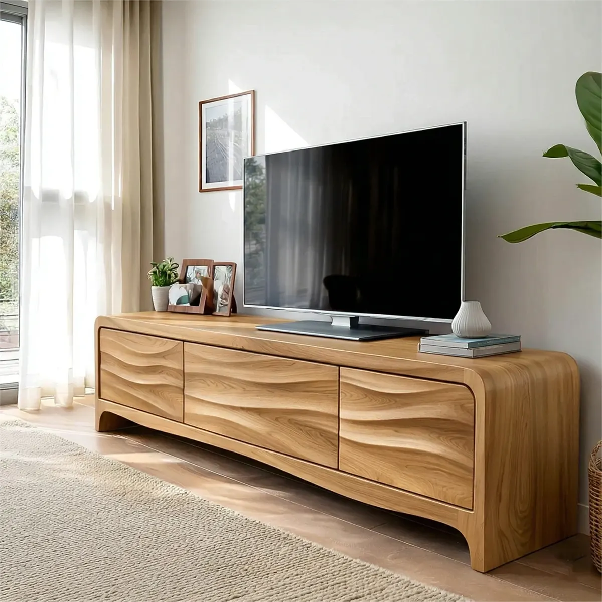 Handcrafted Solid Wood TV Stand with Sculpted Wave Panels and Rounded Frame Design - Rustiracraft 