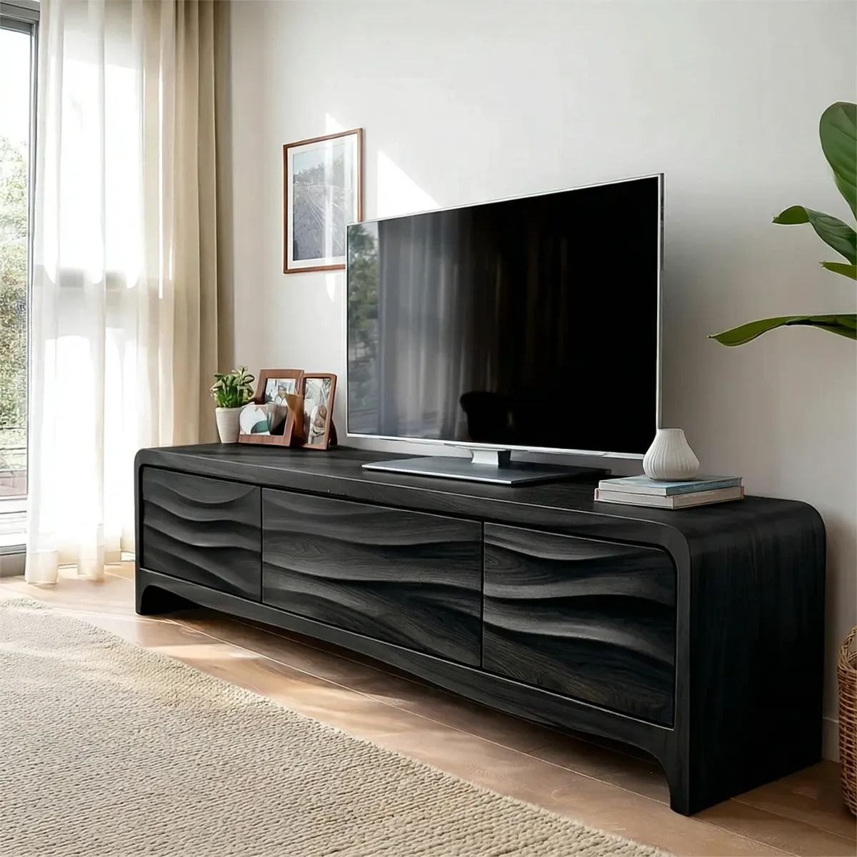 Handcrafted Solid Wood TV Stand with Sculpted Wave Panels and Rounded Frame Design - Rustiracraft 