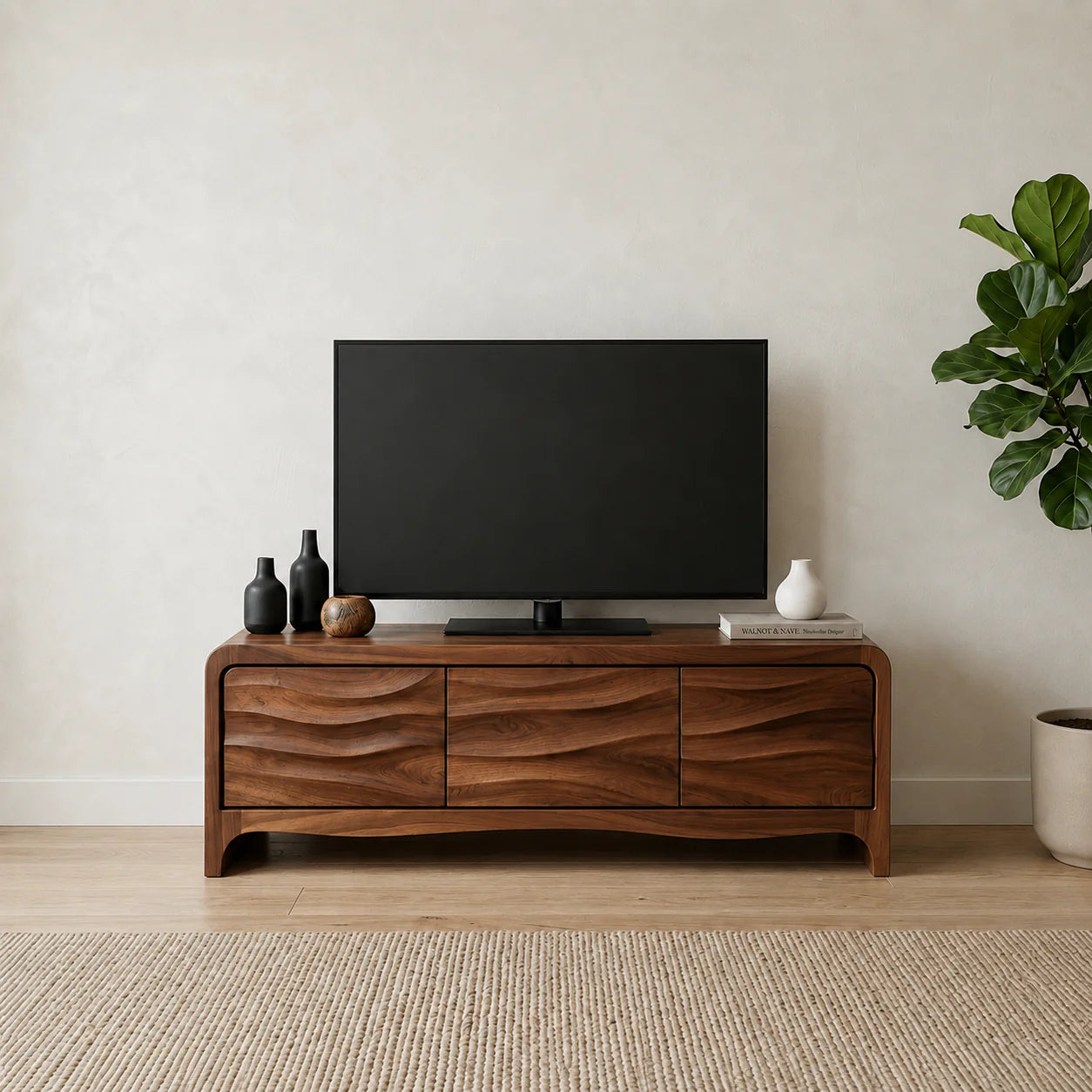 Handcrafted Solid Wood TV Stand with Sculpted Wave Panels and Rounded Frame Design - Rustiracraft
