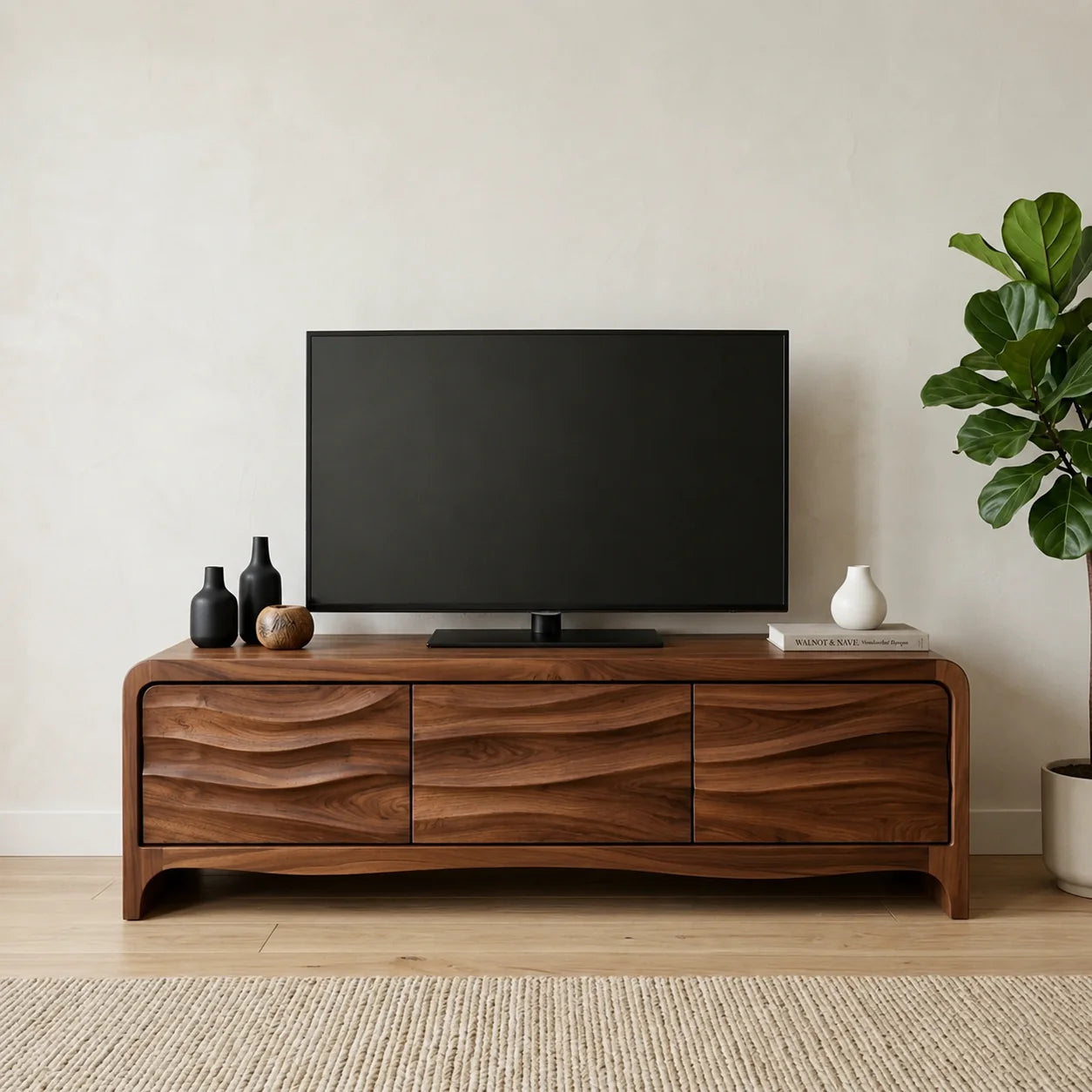Handcrafted Solid Wood TV Stand with Sculpted Wave Panels and Rounded Frame Design - Rustiracraft