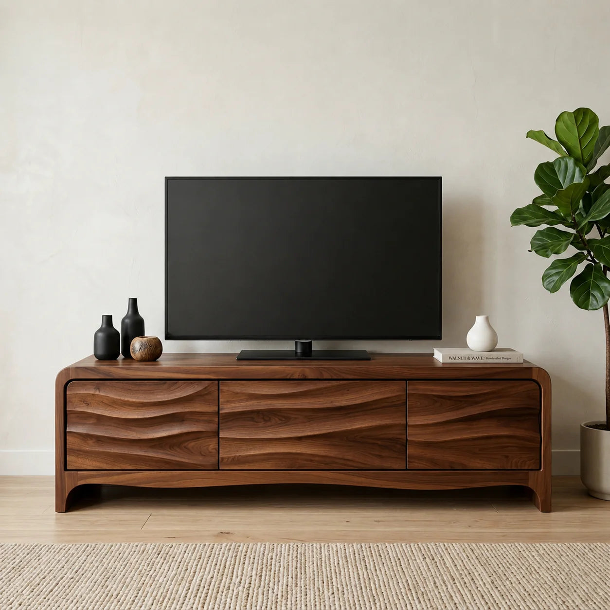 Handcrafted Solid Wood TV Stand with Sculpted Wave Panels and Rounded Frame Design - Rustiracraft