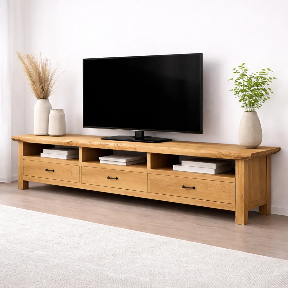 Handcrafted Solid Wood TV Stand with Spacious Drawers and Open Media Storage - Rustiracraft 